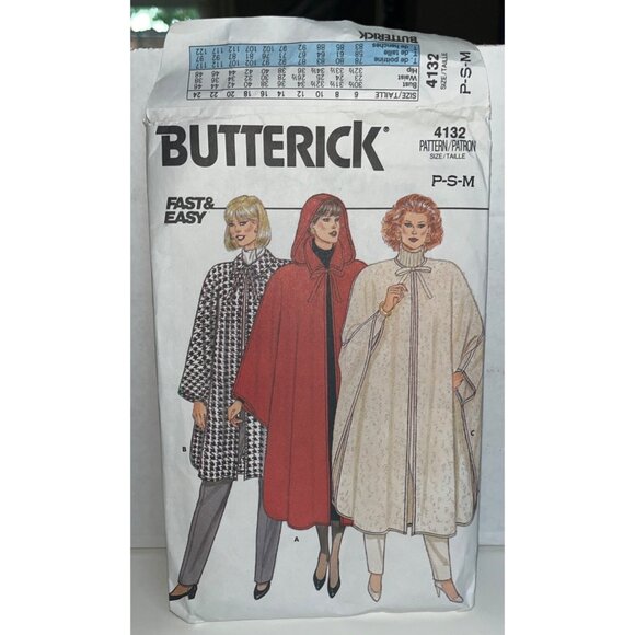 Butterick Other - Cape Sewing Pattern 4132 Butterick Cut 3 Styles Vintage 1986 Womens Outerwear